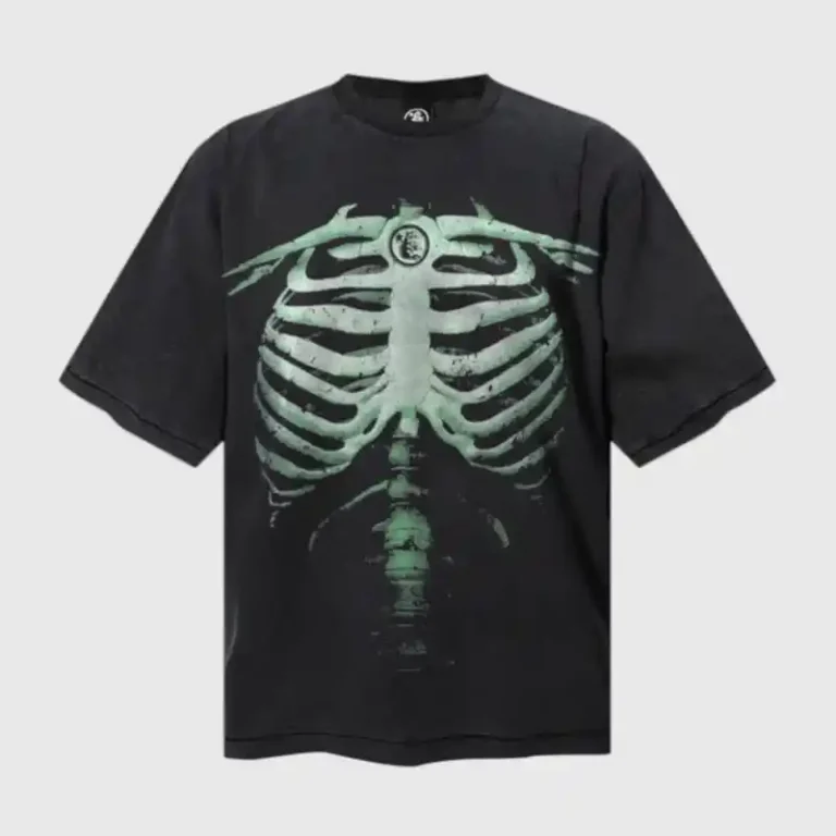 Front view of the Hellstar Halloween Skeleton T-shirt featuring a detailed ribcage graphic on black premium cotton.