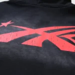 Close up view of the black Hellstar Halloween Skeleton Airbrush Tracksuit featuring a detailed red graphic print.