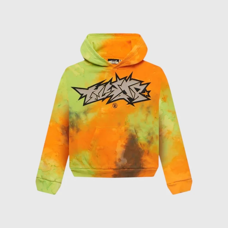 Front view of the vibrant Hellstar Halloween Vomit hoodie featuring a tie-dye orange and green design and graphic logo.