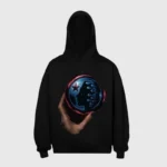 Black Hellstar hoodie with oversized fit featuring a graphic of a hand holding a blue circular logo with a star.