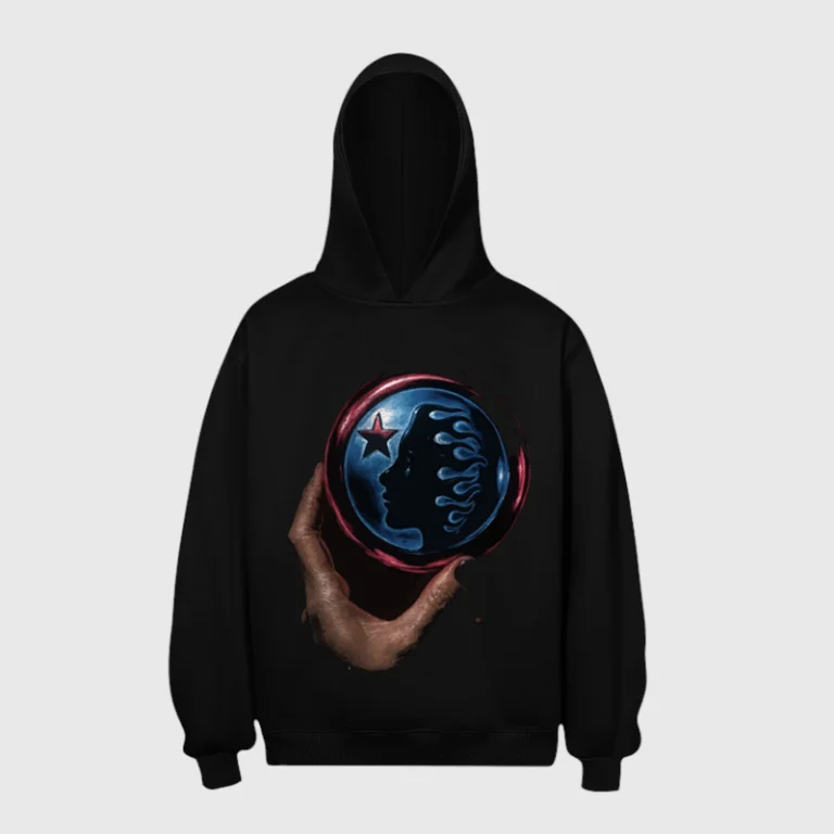 Black Hellstar hoodie with oversized fit featuring a graphic of a hand holding a blue circular logo with a star.