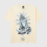 Beige Hellstar Hand Prayer T-shirt featuring a graphic print of praying hands and a rosary design on front.