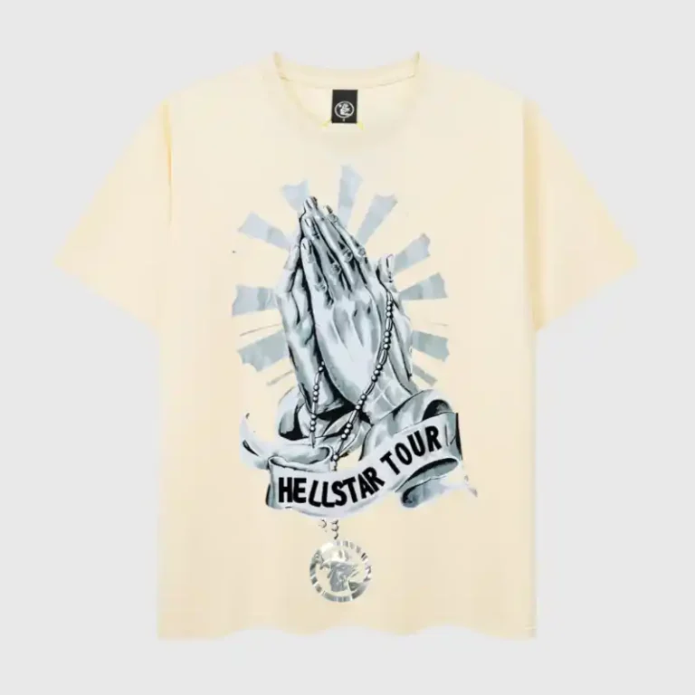 Beige Hellstar Hand Prayer T-shirt featuring a graphic print of praying hands and a rosary design on front.