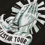 Hellstar Hand Prayer t-shirt graphic print featuring folded hands and a banner with Hellstar Tour branding design.