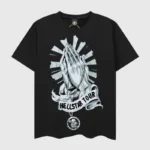 Black Hellstar Hand Prayer Tour T-Shirt with a graphic screen print of praying hands for urban streetwear style.