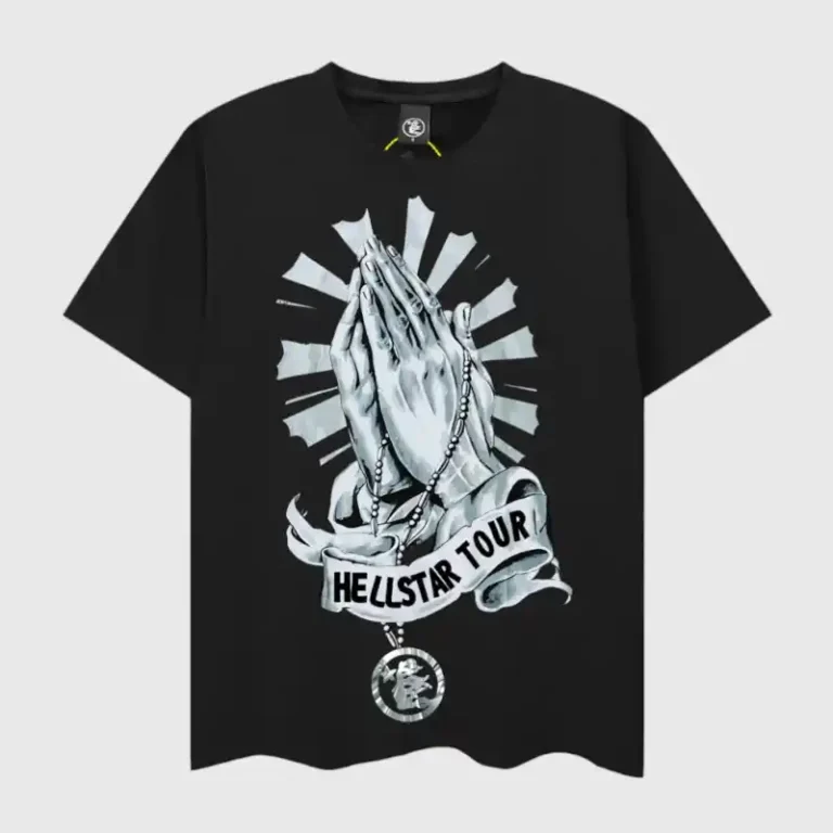 Black Hellstar Hand Prayer Tour T-Shirt with a graphic screen print of praying hands for urban streetwear style.