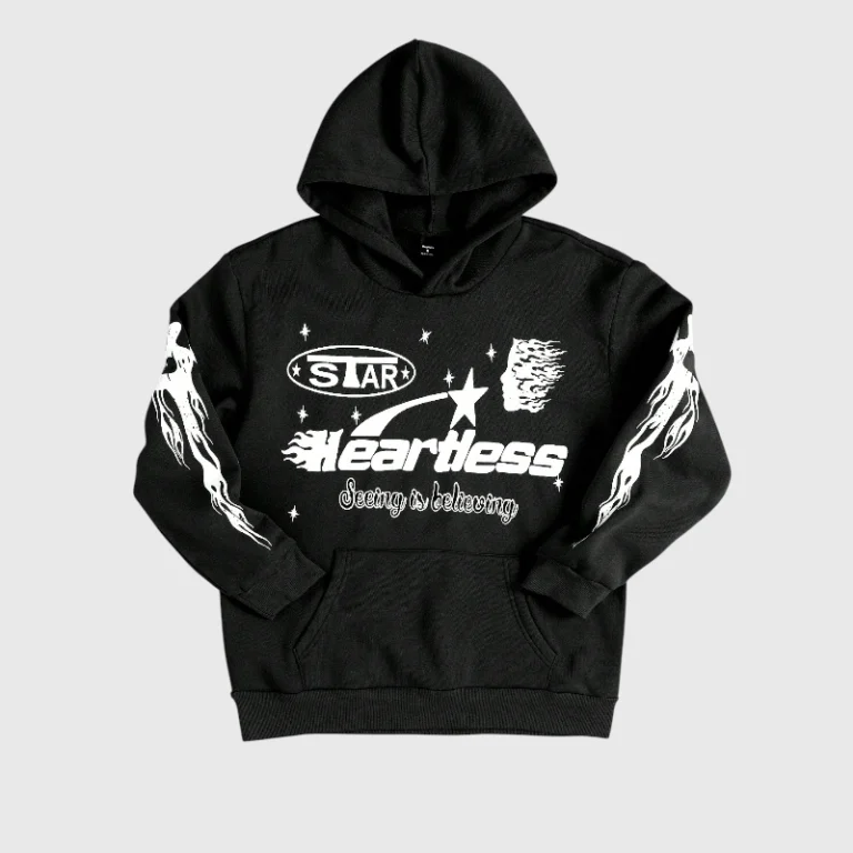 Hellstar Heartless black hoodie featuring premium cotton fleece and a bold white graphic streetwear design print