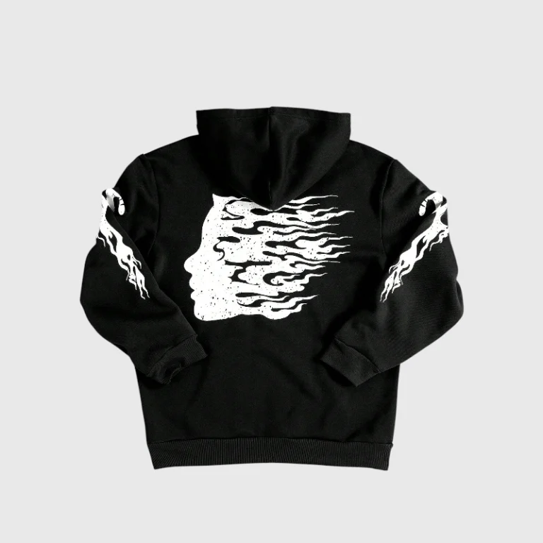 Back view of the black Hellstar Heartless hoodie featuring a white flame-styled face graphic on the back.