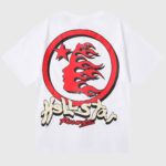 Hellstar Studios "Heaven Sounds Like" white tee back print with red flaming profile circle logo and Hellstar Records script