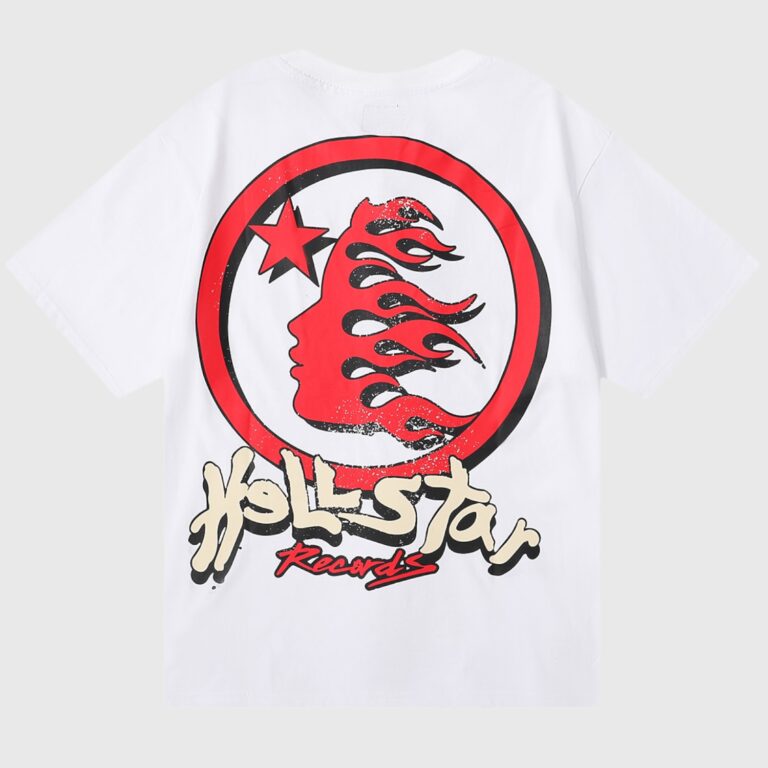 Hellstar Studios "Heaven Sounds Like" white tee back print with red flaming profile circle logo and Hellstar Records script