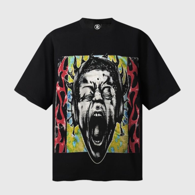 Hellstar Heaven Sounds Like T-Shirt featuring a black and white screaming head graphic with vibrant red flame accents.