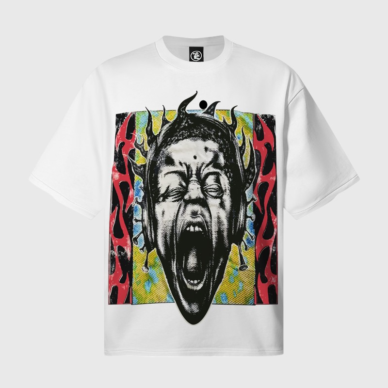 Hellstar Heaven Sounds Like T Shirt Front View Front view of the white Hellstar Heaven Sounds Like T-shirt with a detailed screaming head graphic and red flames.