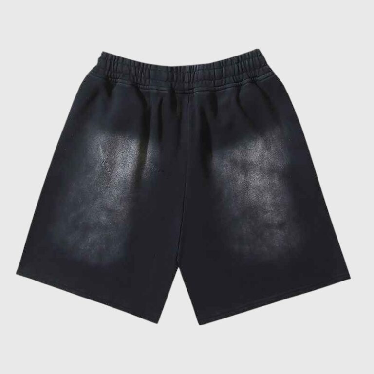 Back view of the black Hellstar Heaven Sounds shorts with a vintage washed finish and relaxed, comfortable fit.