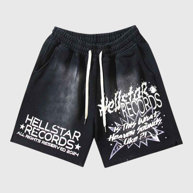 Front view of black Hellstar Heaven Sounds shorts with graphic screen prints, featuring an elastic drawstring waistband.