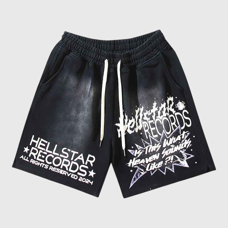 Hellstar Heaven Sounds Shorts Front View Front view of black Hellstar Heaven Sounds shorts with graphic screen prints, featuring an elastic drawstring waistband.