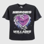 Front view of the black Hellstar Heroes Villains graphic t-shirt featuring a heart print and premium cotton design.