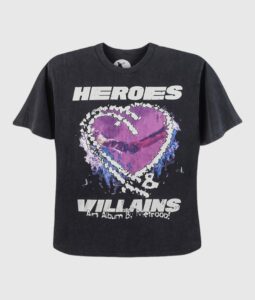 Front view of the black Hellstar Heroes Villains graphic t-shirt featuring a heart print and premium cotton design.
