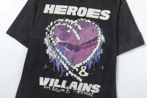 Black Hellstar Heroes Villains t-shirt featuring a detailed purple heart graphic print on the front chest area