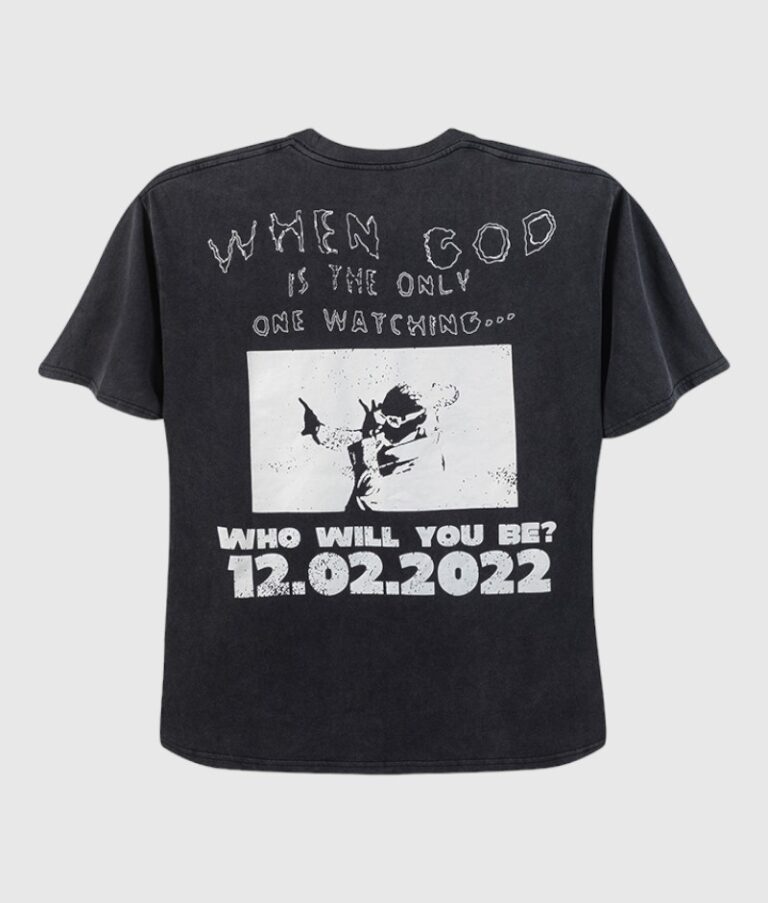 Back view of the black Hellstar Heroes Villains t-shirt featuring graphic text and a unique cinematic print design