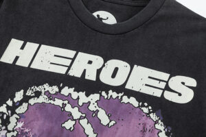 A close-up view of the black Hellstar Heroes Villains t-shirt featuring the bold Heroes graphic print and soft cotton.