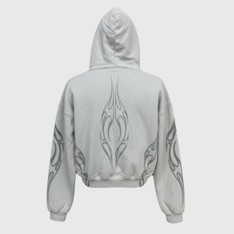Back view of the grey Hellstar Holy Cross hoodie featuring a detailed screen-printed graphic design on the fabric.