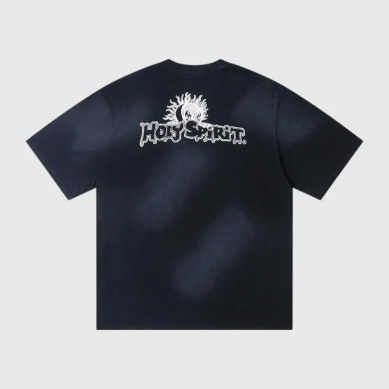 Back view of the Hellstar Holy Spirit black streetwear t-shirt with a vintage graphic screen print on the back