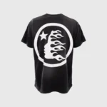 Black Hellstar Horizontal T-Shirt back view with large white circular flame-profile logo and star, vintage washed tee