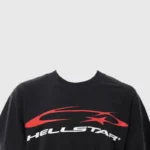 Black Hellstar Horizontal T-shirt featuring a stylized red and white graphic logo print on the front chest area