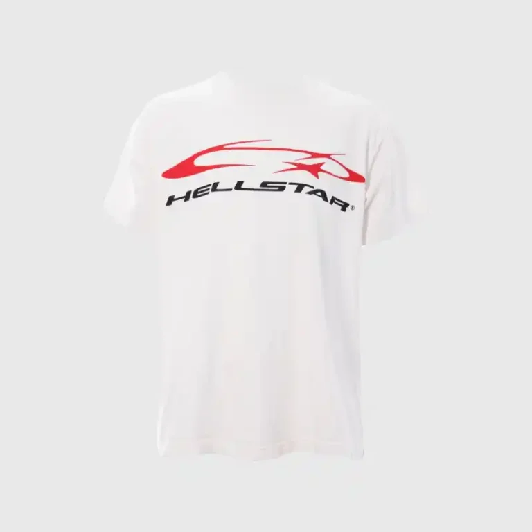 White Hellstar Horizontal T-Shirt with red swoosh graphic and black Hellstar logo across the chest, vintage washed cotton