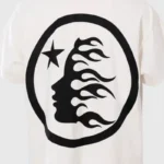 Back view of the Hellstar Horizontal white t-shirt featuring a black circular graphic with a flaming face and a star.