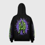 Back view of the black Hellstar Horror Book Hoodie featuring a purple and green graphic print on the back and sleeves.