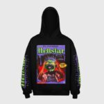 Front view of the black Hellstar Horror Book hoodie featuring a spooky graphic print on the front and sleeves.
