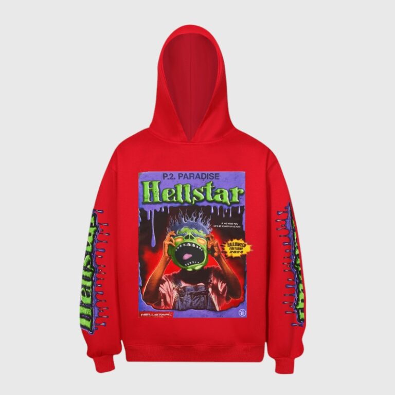 Front view of the red Hellstar Horror Book hoodie featuring a graphic print of a screaming character in overalls.