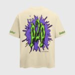 Back view of the Hellstar Horror Book T-shirt featuring a green P2P graphic on a vibrant purple splatter background.