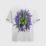 Back graphic of the white Hellstar Horror Book T-shirt featuring a green dripping logo on a purple splash design.