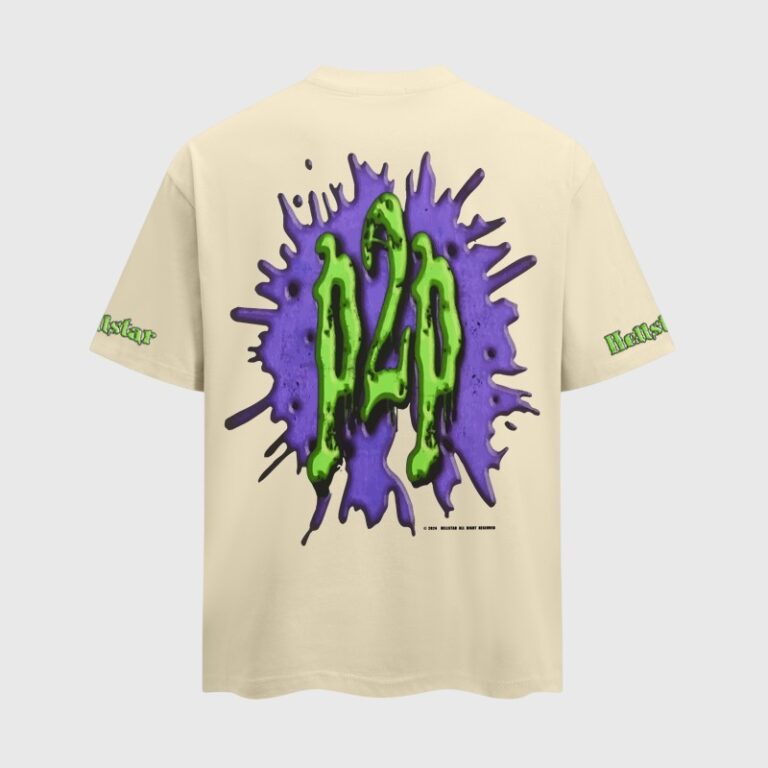 Back view of the Hellstar Horror Book T-shirt featuring a green P2P graphic on a vibrant purple splatter background.