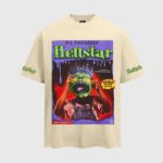 Cream Hellstar Horror Book T-shirt featuring a retro comic cover graphic with a green-faced monster and text.
