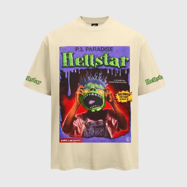Cream Hellstar Horror Book T-shirt featuring a retro comic cover graphic with a green-faced monster and text.