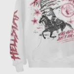 White Hellstar Horse Ride streetwear hoodie featuring a bold vintage style graphic print and branded sleeve detail