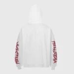 Rear view of the white Hellstar Horse Ride Hoodie showing graphic logo details on the sleeves in a premium cotton fit.
