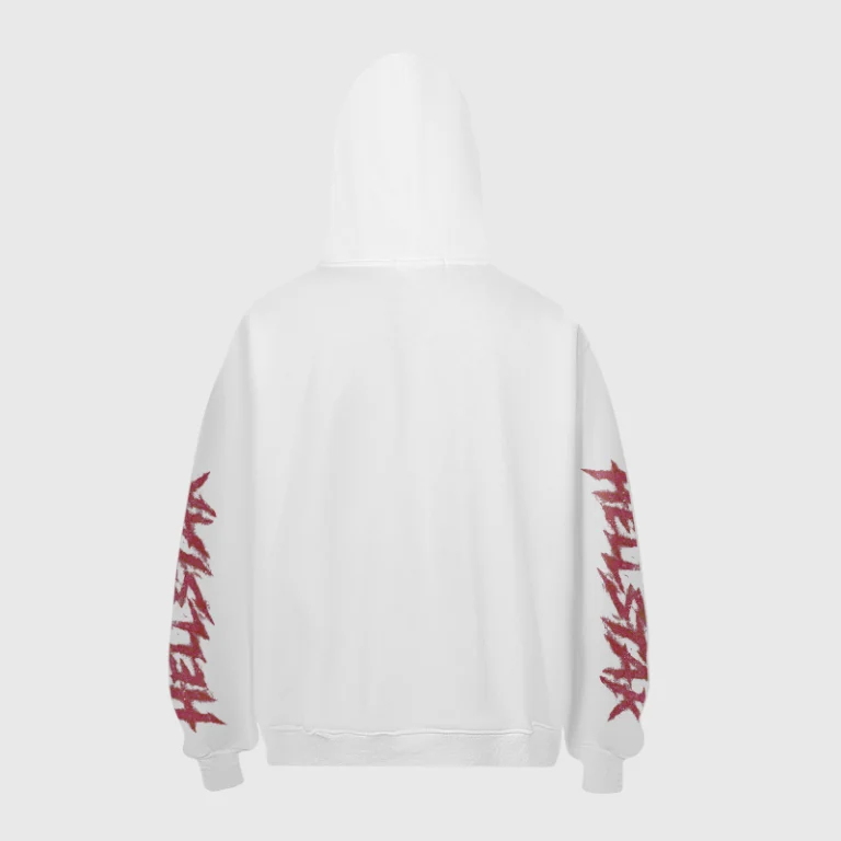 Rear view of the white Hellstar Horse Ride Hoodie showing graphic logo details on the sleeves in a premium cotton fit.