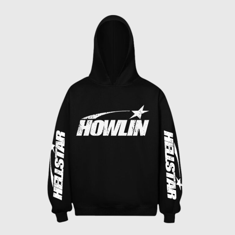 Front view of the black Hellstar Howlin hoodie featuring a prominent white screen print graphic on the chest.