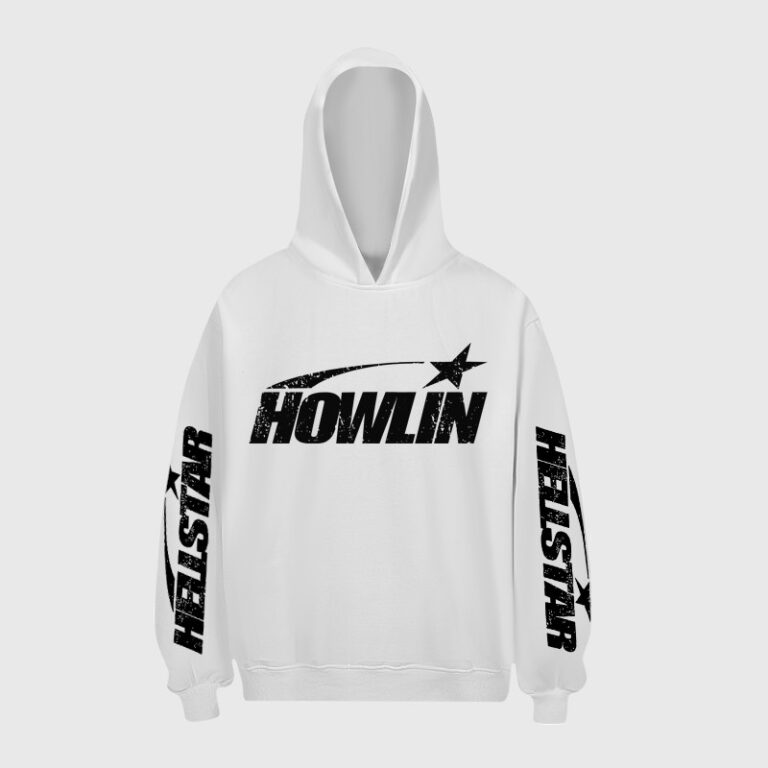 White Hellstar Howlin hoodie featuring a distressed black graphic print on the front and sleeves, front view shot.