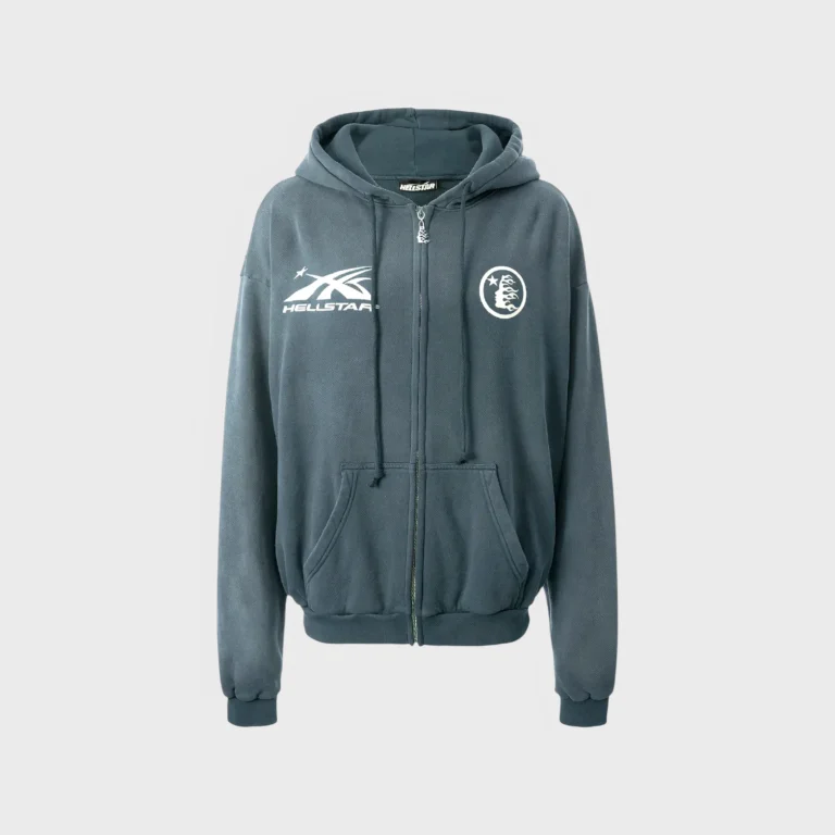 Front view of a grey Hellstar Hs logo zip-up hoodie featuring branded graphics and a full-length metal zipper closure.