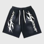 Black Hellstar Hstar shorts featuring signature white graphic screen print and an adjustable drawstring waistband.
