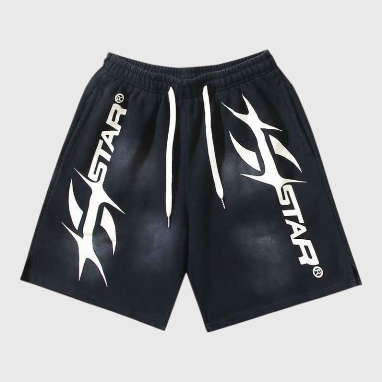 Black Hellstar Hstar shorts featuring signature white graphic screen print and an adjustable drawstring waistband.