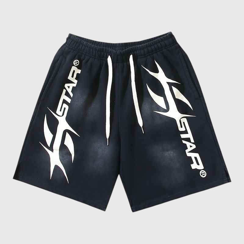 Black Hellstar Hstar shorts featuring signature white graphic screen print and an adjustable drawstring waistband.