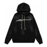 Black Hellstar Hstar hoodie featuring a premium vintage-washed design with a signature logo and adjustable drawstring.
