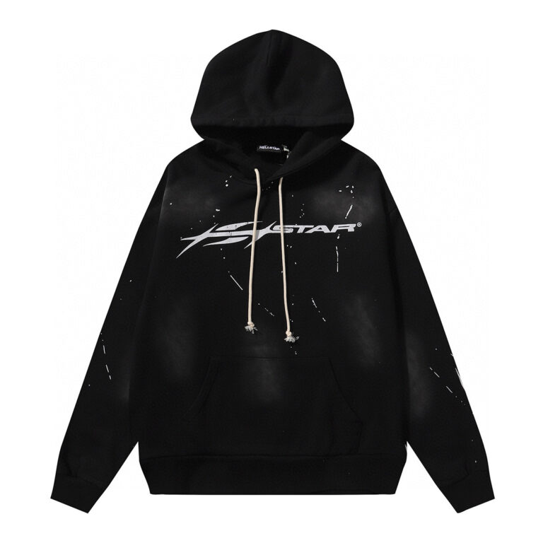 Black Hellstar Hstar hoodie featuring a premium vintage-washed design with a signature logo and adjustable drawstring.