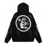 Back view of a premium black Hellstar Hstar tracksuit hoodie featuring a white airbrushed circular graphic design.